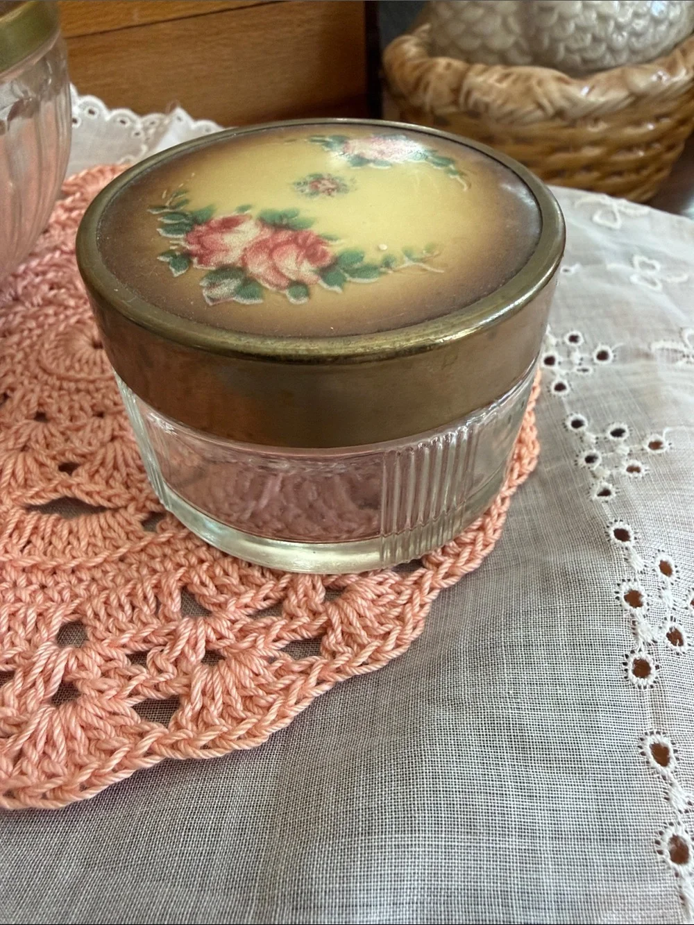 Round Floral Vanity Trinket Box - Pink Rose Design